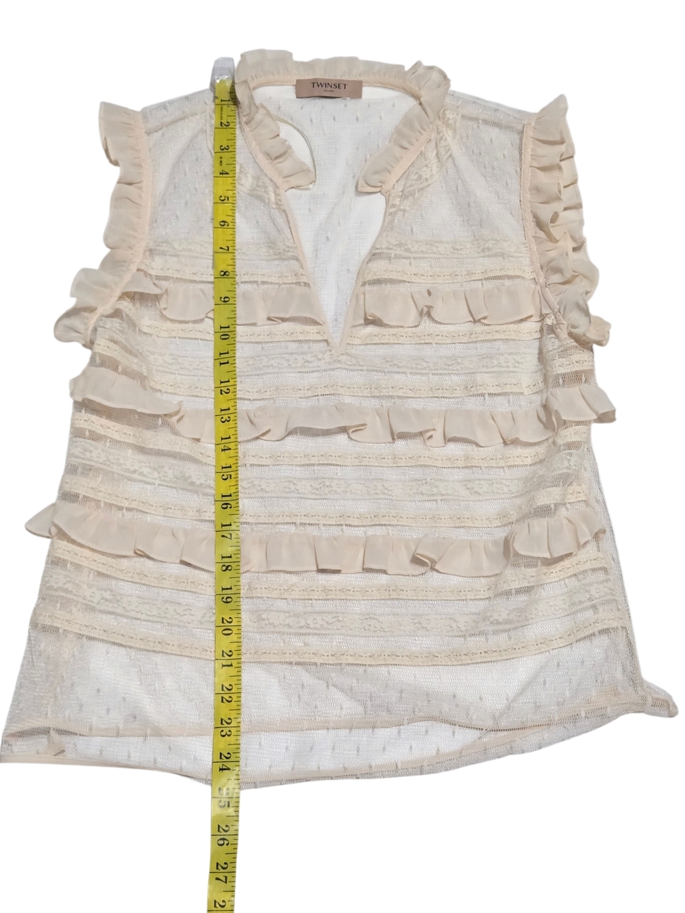 Twinset Milano Cream Lace Ruffle Blouse Sheer Swiss Dot Sleeveless  Top US Small - Picture 7 of 8
